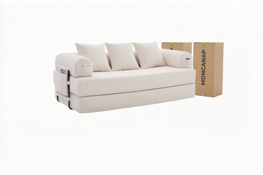 Canapé MELLIO 3 places velours côtelé blanc cassé avec ses 2 cartons de livraison MONCANAP