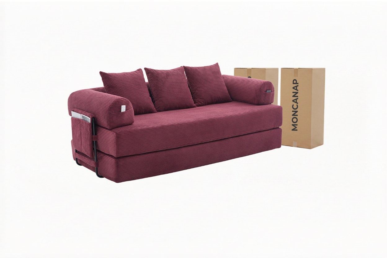 Canapé modulable MELLIO 3 places velours côtelé bordeaux — livraison compressée incluse