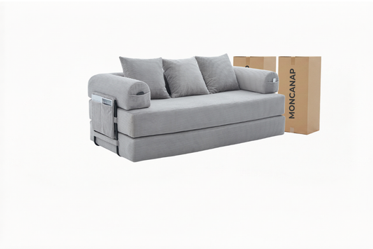 Canapé modulable MELLIO 3 places velours côtelé gris clair — livraison compressée incluse
