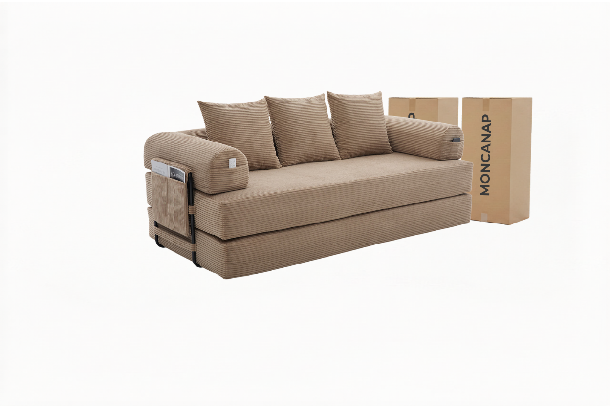 Canapé modulable MELLIO 3 places velours côtelé marron — livraison compressée incluse