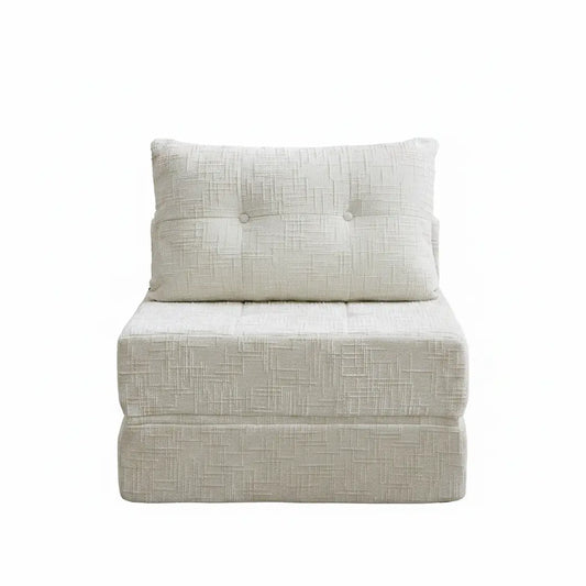 Chauffeuse convertible SOVO blanc cassé en position fauteuil — tissu chenille compressée sous vide MONCANAP