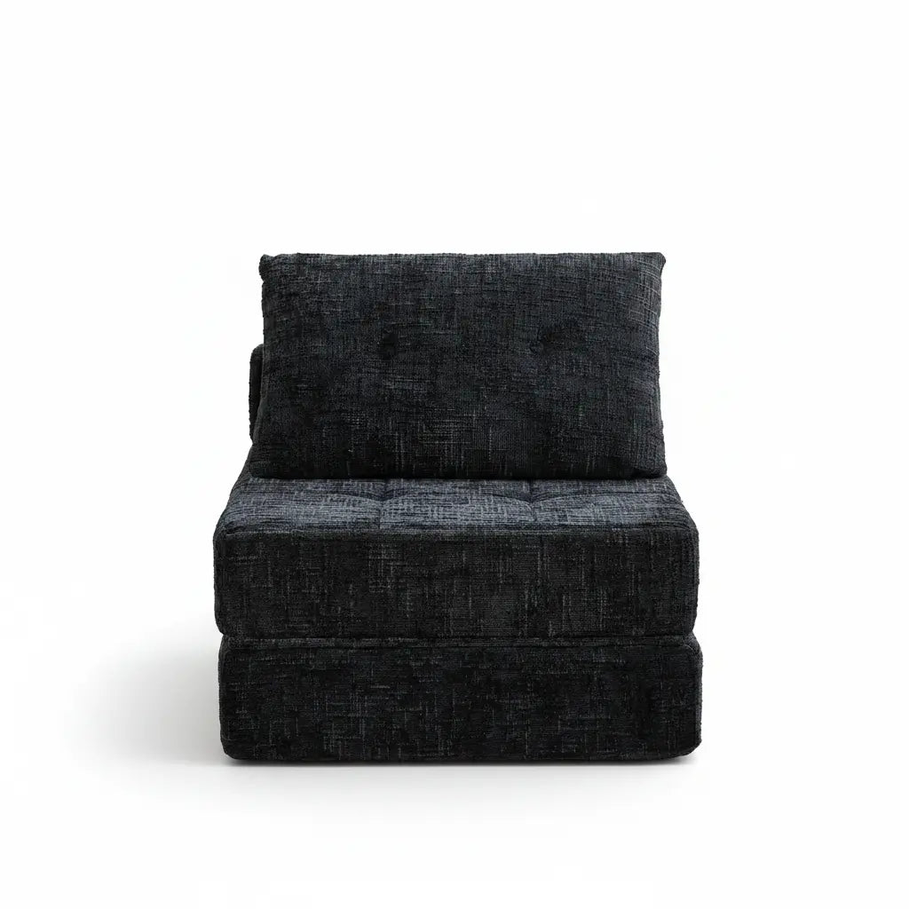 Chauffeuse convertible SOVO gris anthracite en position fauteuil — tissu chenille compressée sous vide MONCANAP