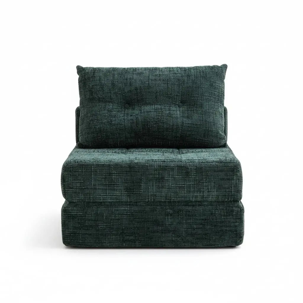 Chauffeuse convertible SOVO vert sapin 
en position fauteuil — tissu chenille compressée sous vide MONCANAP