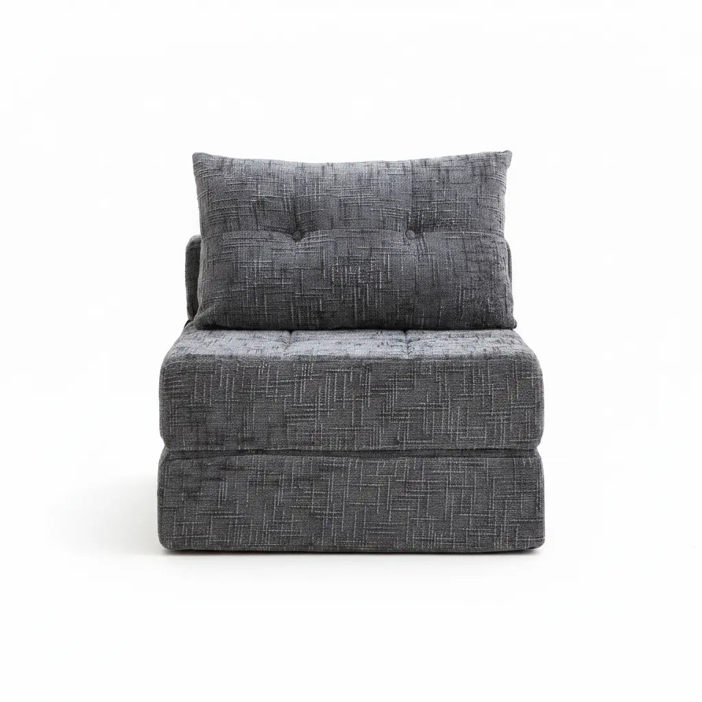 Chauffeuse convertible SOVO gris clair en position fauteuil — tissu chenille compressée sous vide MONCANAP