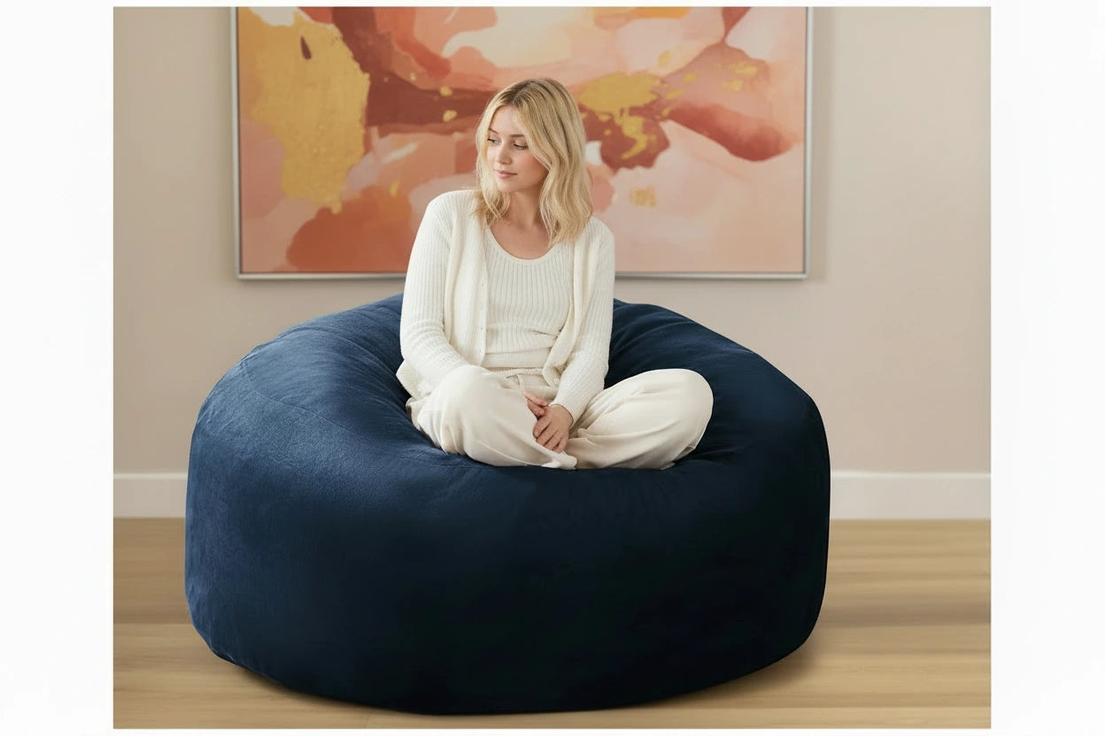 Pouf Géant MOONA Teddy Bleu Marine — Repose-Pieds & Siège d'Appoint | MONCANAP