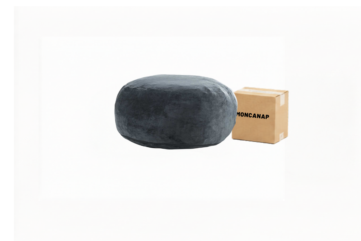 Pouf géant MOONA gris foncé avec son carton de livraison MONCANAP